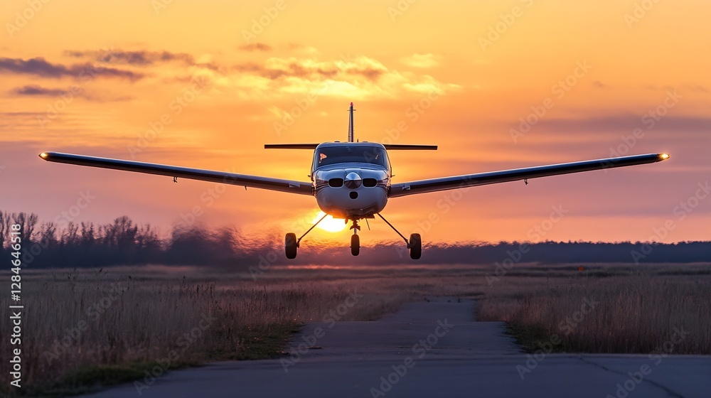 Poster Small aircraft landing at sunset on a runway surrounded by fields and clouds : Generative AI