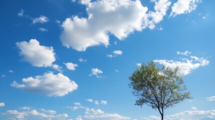 Obraz premium Solitary tree standing against a blue sky filled with fluffy clouds in an open field : Generative AI