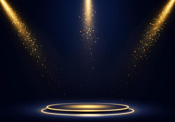 Dark blue stage with golden spotlight. Glitter particles. Abstract award ceremony design. Elegant, glamorous background. Suitable for various events. Stage podium. Great for music, theatre, dance
