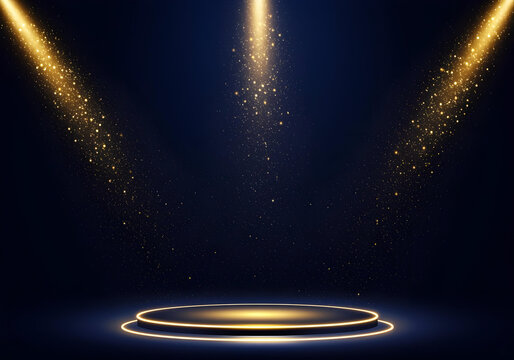 Dark blue stage with golden spotlight. Glitter particles. Abstract award ceremony design. Elegant, glamorous background. Suitable for various events. Stage podium. Great for music, theatre, dance