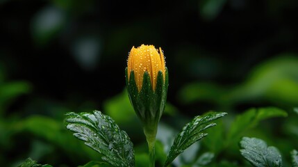 Yellow flower bud, rain drops, garden, dark background, nature photography