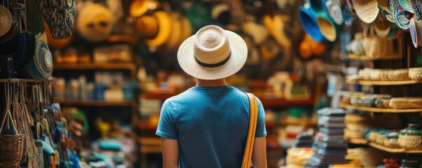 Fototapeta premium Young asian male exploring vibrant market in blue shirt and straw hat