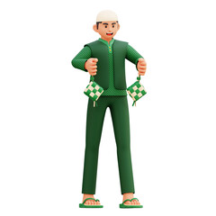 man holding ketupat 3d character illustration