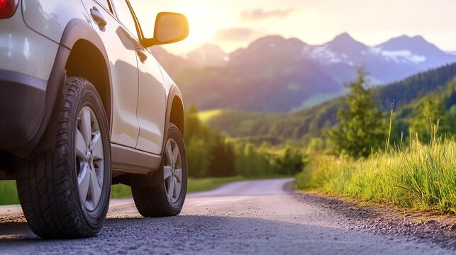 Scenic afternoon view of a parked car on a gravel road surrounded by stunning mountains and trees under a bright sky : Generative AI
