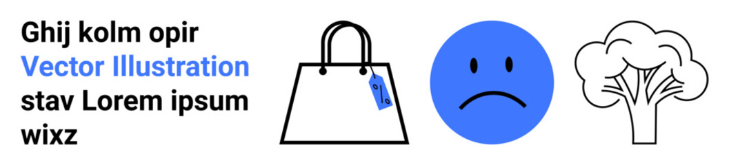 Fototapeta premium Shopping bag with a price tag, sad face, and broccoli. Highlights topics thumbs up purchase decisions, emotions, health, sustainability, lifestyle and food habits. Ideal for flat landing page banner