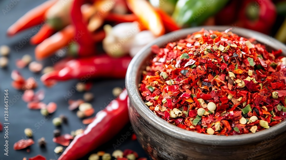 Aufkleber vibrant assortment of chopped red chili peppers and spices in a rustic bowl : generative ai