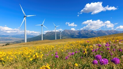 Wind turbines on a vibrant flower-filled mountain meadow