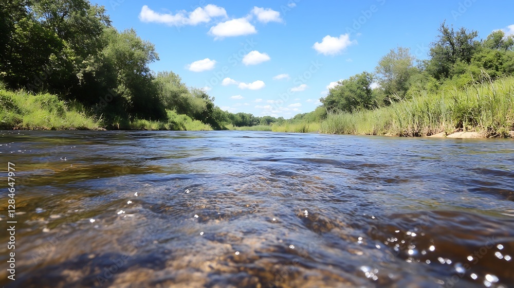 Aufkleber serene view of a calm river flowing through lush greenery under a bright blue sky : generative ai