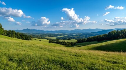 Fototapeta premium Breathtaking Scenic View of Rolling Green Hills and Blue Sky in a Picturesque Mountain Landscape : Generative AI