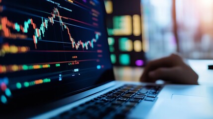 Dynamic stock market trading screen displaying fluctuating charts and data analysis from a laptop in a modern workspace environment : Generative AI