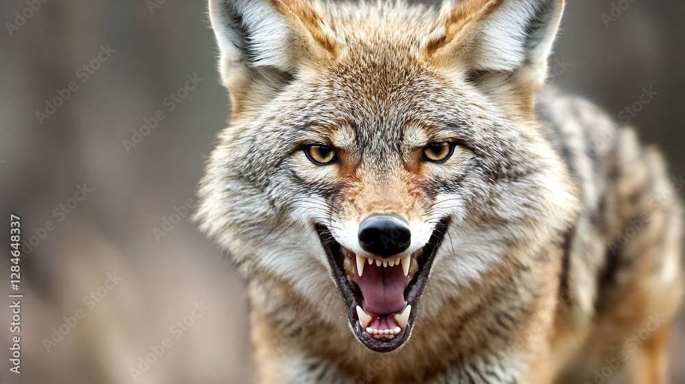 Poster Closeup of a fierce coyote displaying teeth and intense gaze in natural habitat : Generative AI