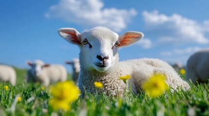Fototapeta premium Adorable sheep relaxing on a sunny meadow surrounded by vibrant yellow flowers under a clear blue sky : Generative AI