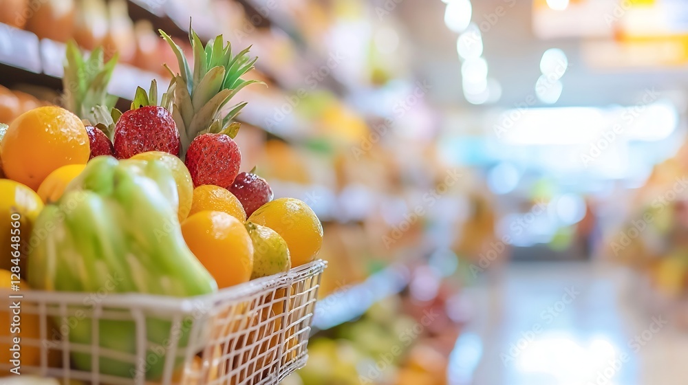 Poster Fresh assorted fruits displayed in a grocery store basket with colorful background highlighting healthy eating : Generative AI