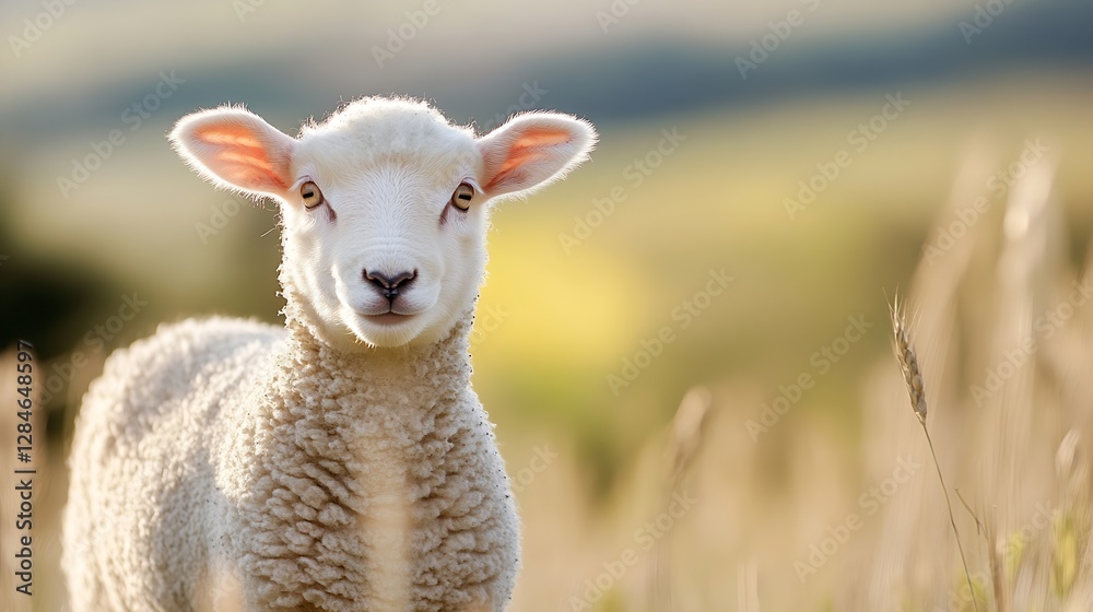 Poster Adorable fluffy sheep standing in a verdant pasture with a cheerful expression and soft sunlight : Generative AI