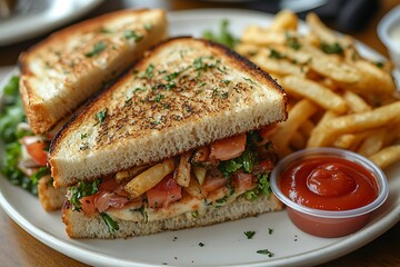 Delicious Gourmet Sandwich with French Fries and Ketchup
