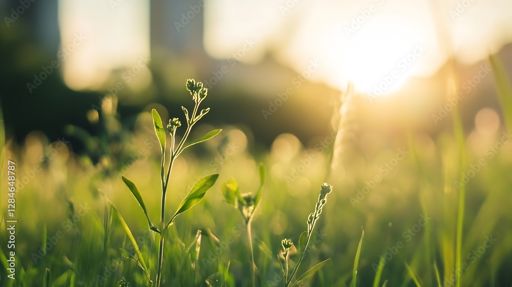 Aufkleber close up of green plants in the grass with sunlight creating a soft warm glow in the background : ge
