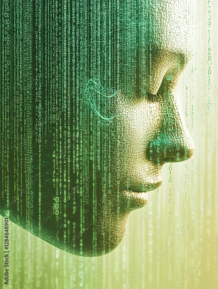 Poster Human face outline morphing into a digital flow of binary data showcasing the essence of artificial intelligence and technology. Generative AI
