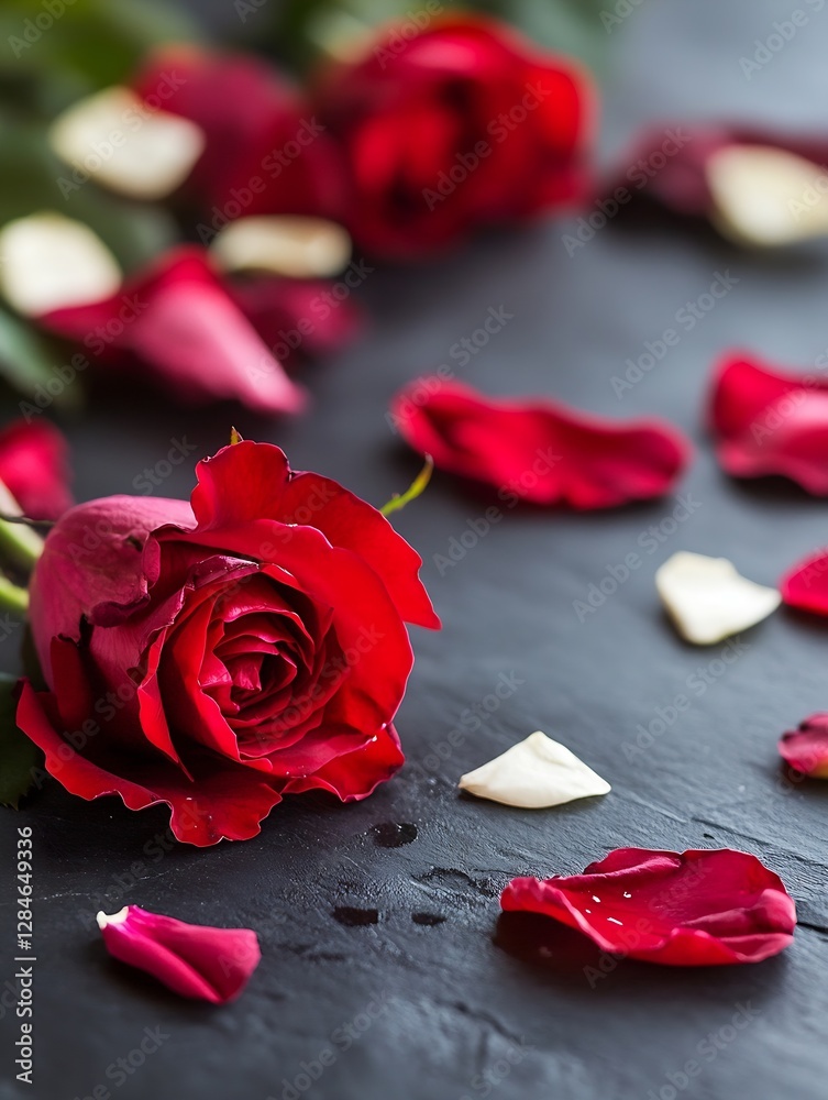 Aufkleber beautiful red rose petals scattered on a dark background creating a romantic atmosphere for any occa