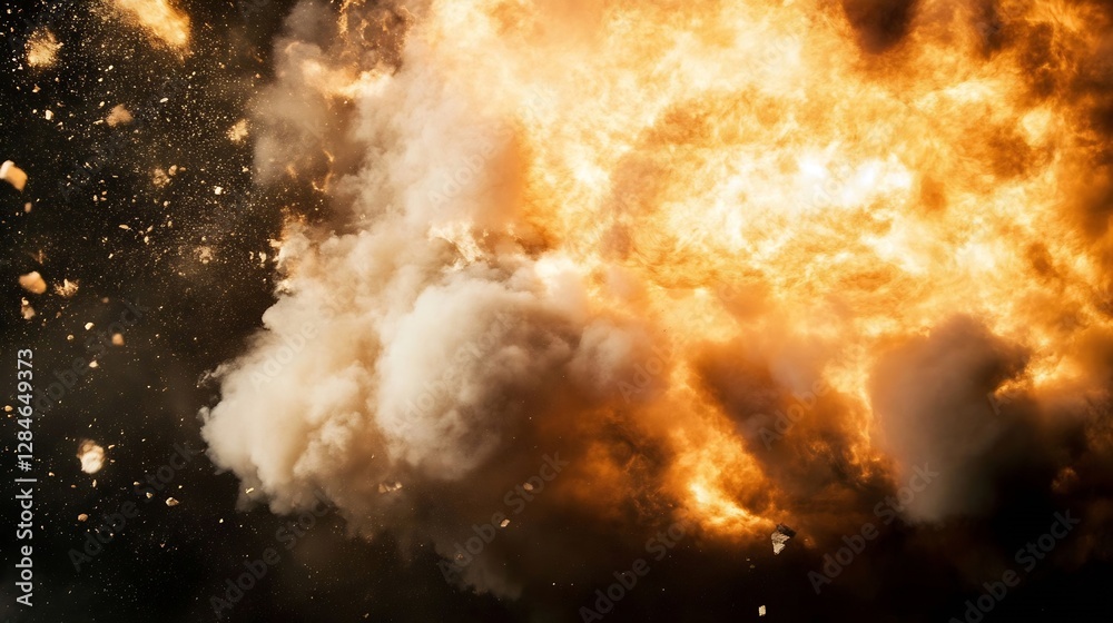 Poster dramatic explosion with cloud of smoke and sparks filling the dark background : generative ai