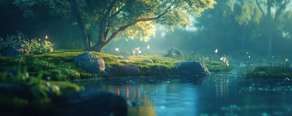 Tranquil forest stream with gentle sunlight and butterflies in lush greenery