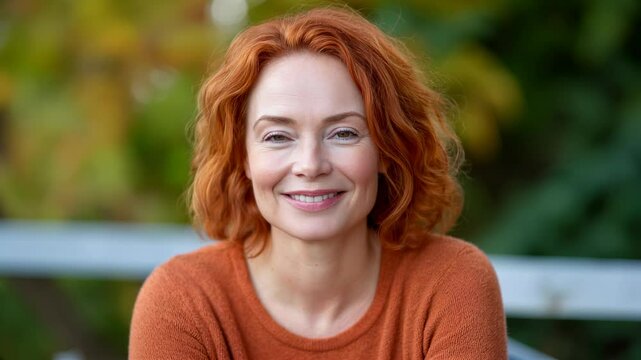 Smiling mature attractive housewife posing at her home backyard looking at the camera	
