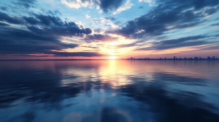 Obraz premium Stunning sunset over tranquil waters with dramatic clouds reflecting vibrant colors in the sky : Generative AI