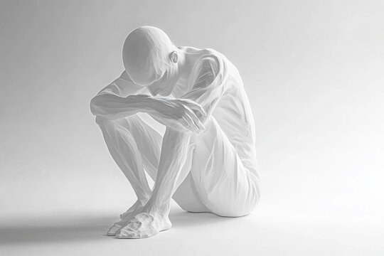 Monochromatic sculpture of a seated figure, abstract and contemplative, evokes introspection and solitude.