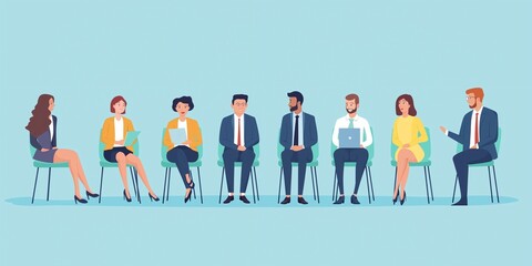 business people sitting in chairs lined up for an interview. solid blue background. vector illustration.