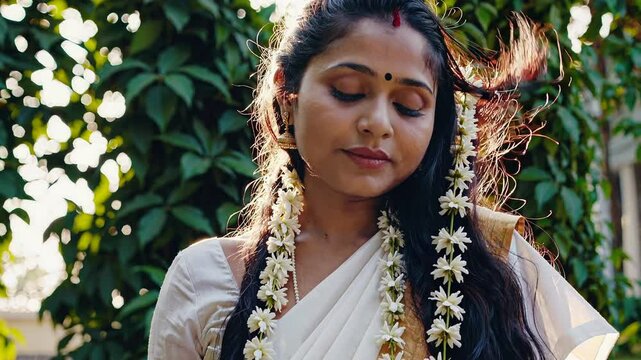 Indian woman in traditional white sari with jasmine flowers, serene expression and natural backdrop.