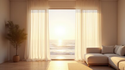 Blowing sheer curtains, Gentle breeze fills the room as sheer curtains billow in front of a large window with golden-hour sunlight streaming thr