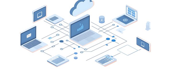Obraz premium Digital technology and global data exchange visualized through connected devices and cloud systems