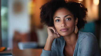 Black Woman in Her 40s Thinking Deeply with Subtle Smile Sitting at Desk with Soft Lighting and Abstract Background