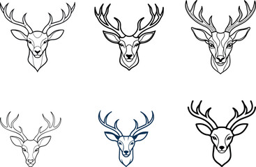 Obraz premium Set of Deer Head Vector Art, Simple Line Illustration