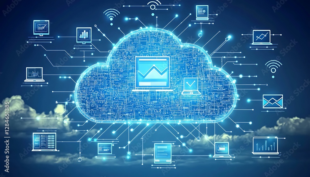 Wall mural digital technology background featuring data exchange, software development, cloud computing, and bu