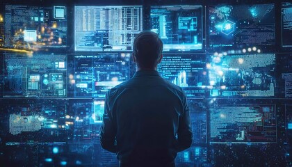 Fototapeta premium Digital technology and software development concept, showing a programmer working with virtual screens displaying coding, circuit boards, and JavaScript