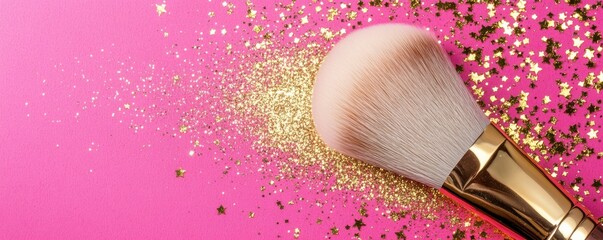Makeup brush on pink background with gold glitter stars
