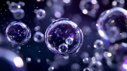 Naklejka premium Colorful floating bubbles glimmering in the dark with a blurred sparkling background : Generative AI