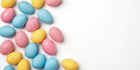 Colorful Easter eggs pastel pink, yellow, and blue on a white background, copy space, top view, creating a festive spring vibe