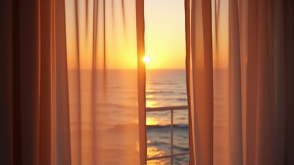 Blowing sheer curtains, Sheer curtains sway in coastal villa at sunset bird's-eye view warm light photorealistic textures.