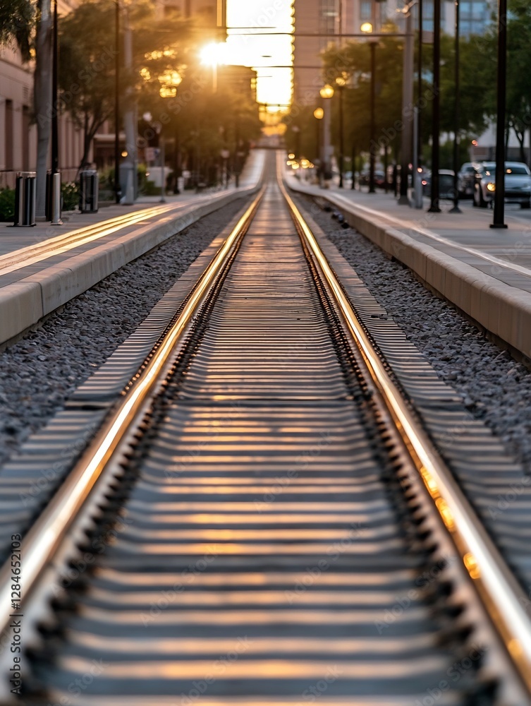 Poster vibrant sunset reflection on train tracks in urban setting with cityscape background : generative ai
