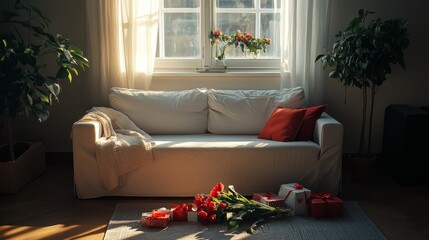 Cozy Living Room Decorated for a Celebration With Red Accents and Soft Natural Light