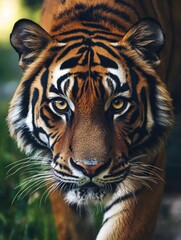 Obraz premium Striking close up of a Bengal tiger walking through lush greenery in a natural habitat during daylight hours. Generative AI