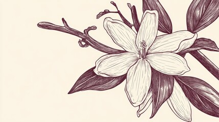 Detailed Botanical Illustration Featuring a Flower and Its Surrounding Leaves on a Simple Background in a Monochrome Style