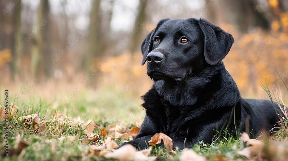 Poster A black Labrador retriever resting calmly on green grass surrounded by autumn leaves : Generative AI