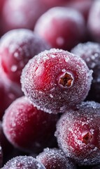Frozen cranberries close-up, shallow depth of field, blurred background