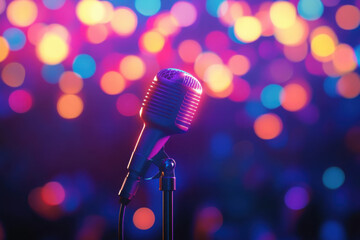 microphone with bokeh light background, stand up comedy show, karaoke or singing contest, background for poster design, open mic and jokes show