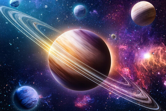 Planetas flotando en el espacio con constelaciones brillantes y un fondo de nebulosas