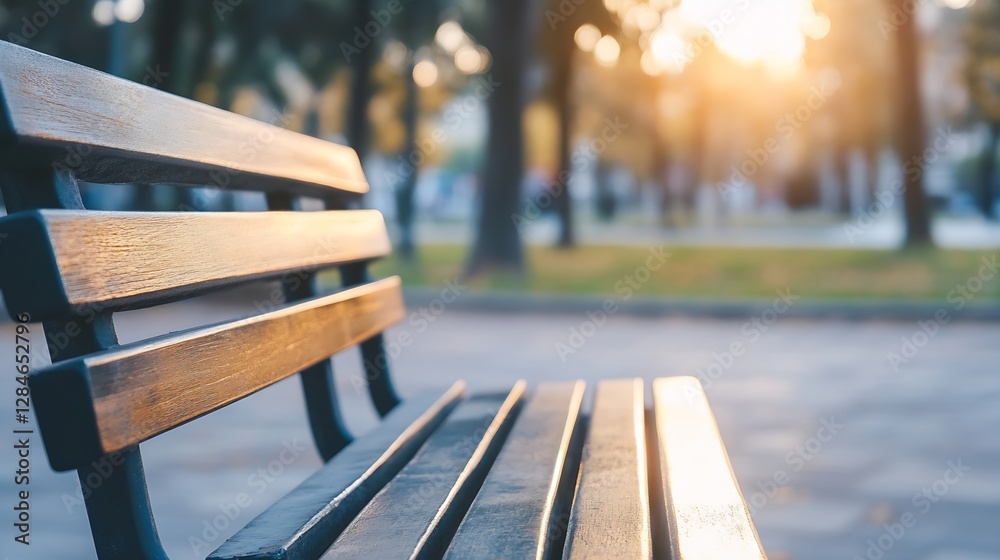 Poster close up of wooden park bench with soft golden light in the background : generative ai