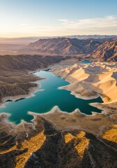 A stunning high-angle view of a peaceful desert lake glowing under the golden sunlight.
