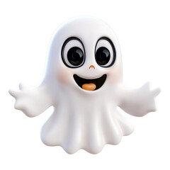 Obraz premium A whimsical 3D cartoon ghost featuring a cheerful smiling face and large expressive eyes, floating playfully in isolation against a transparent background, perfect for lighthearted spooky themes.